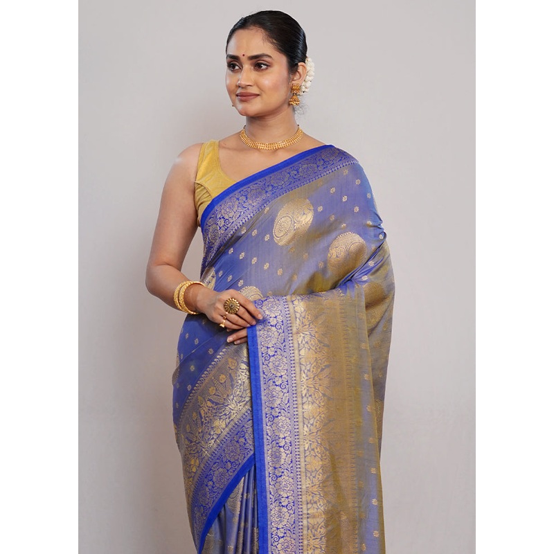 Blue Dupion Silk Saree With Blouse Piece - JD986589785
