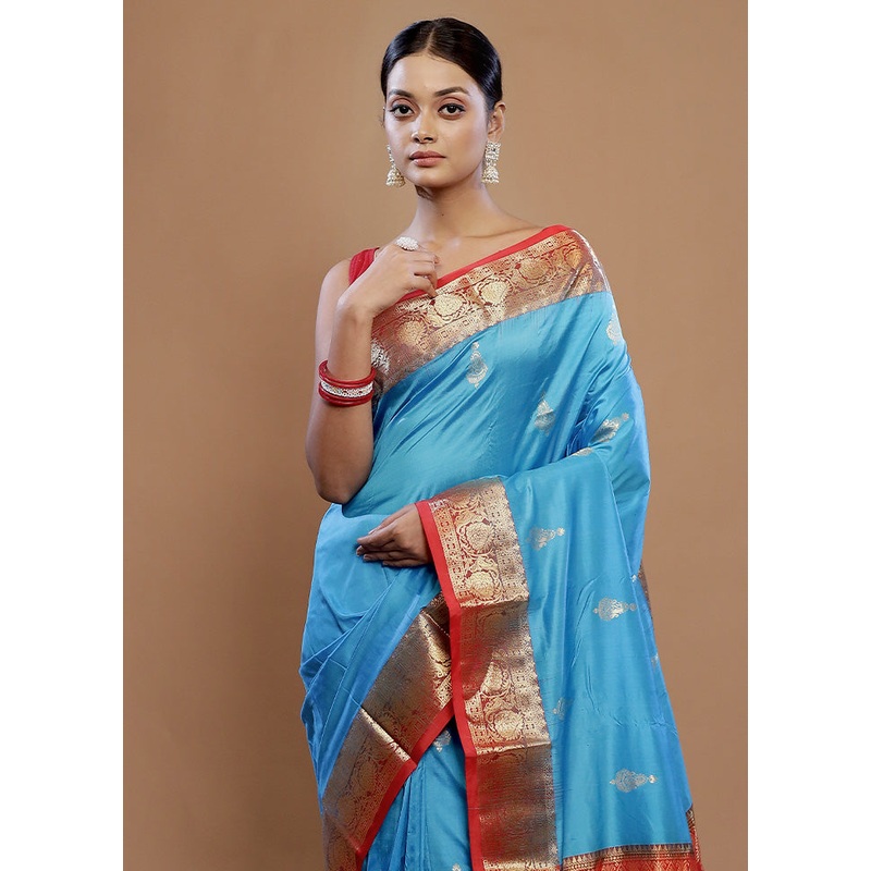 Blue Kanjivaram Pure Silk Saree With Blouse Piece - JD986589781