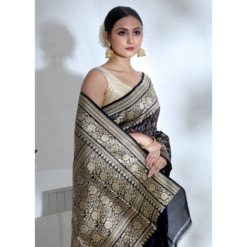 Blue Katan Pure Silk Saree With Blouse Piece - JD986589778
