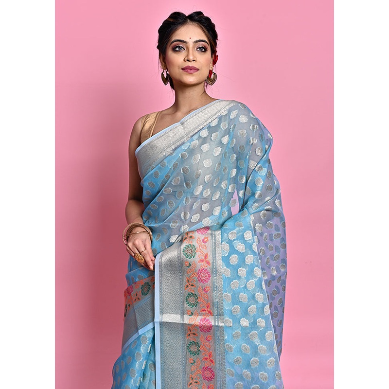 Blue Organza Saree With Blouse Piece - JD986589776