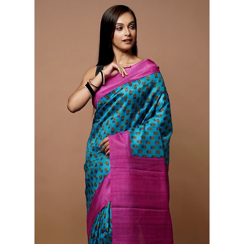 Blue Printed Pure Silk Saree Without Blouse Piece - JD986589772