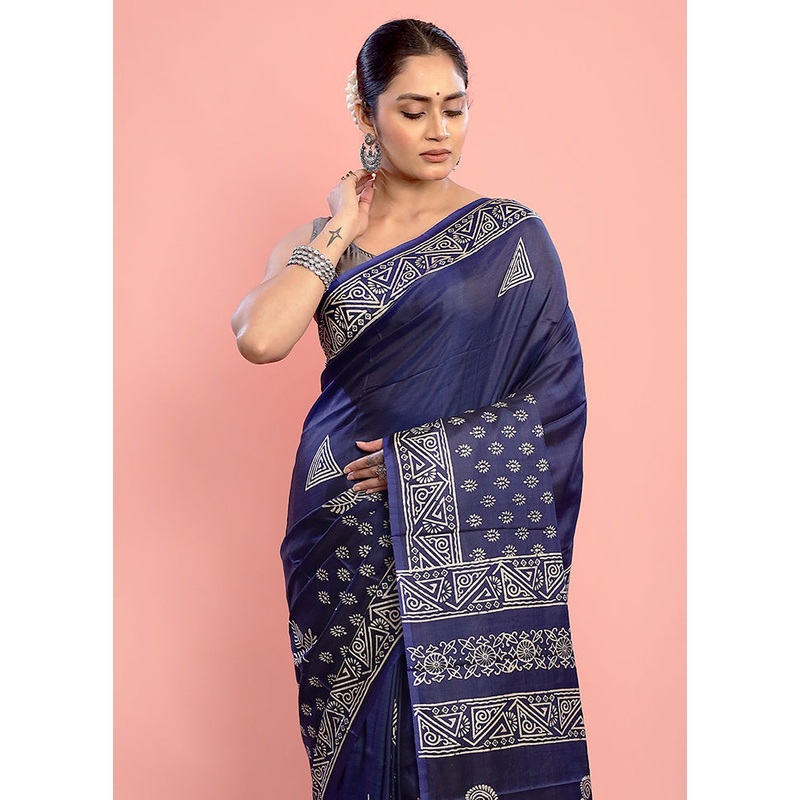 Blue Printed Pure Silk Saree Without Blouse Piece - JD986589773