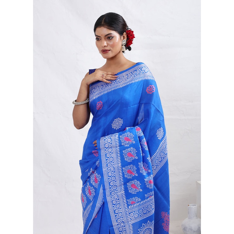 Blue Printed Pure Silk Saree Without Blouse Piece - JD986589775
