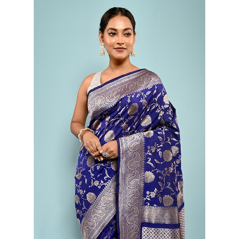Blue Semi Katan Silk Saree With Blouse Piece - JD986589771
