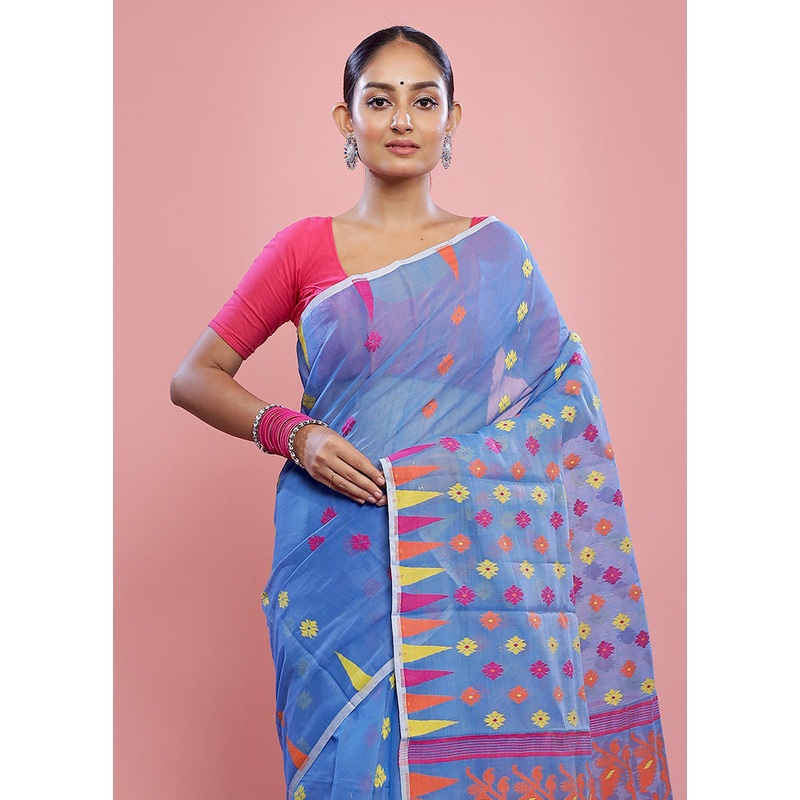 Blue Tant Jamdani Saree Without Blouse Piece - JD986589769