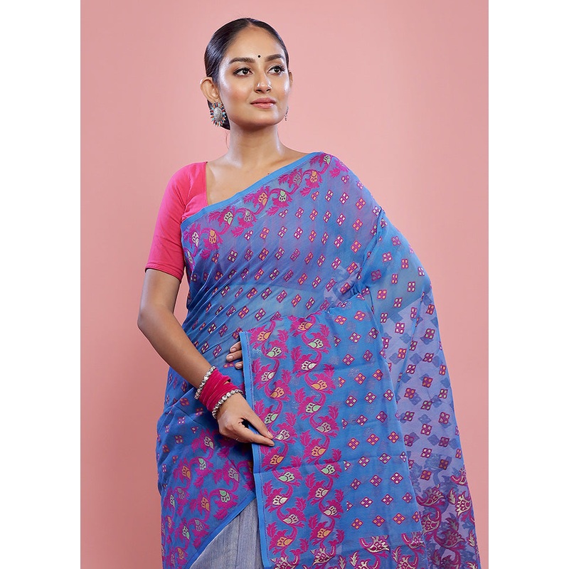 Blue Tant Jamdani Saree Without Blouse Piece - JD986589770