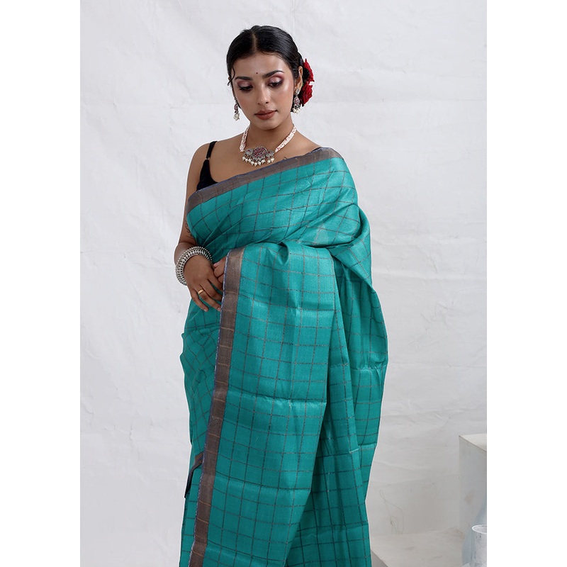 Blue Tussar Pure Silk Saree With Blouse Piece - JD986589767