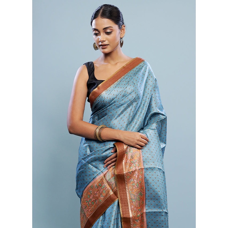 Blue Tussar Pure Silk Saree With Blouse Piece - JD986589768