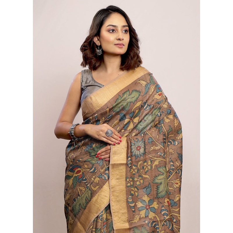 Brown Tussar Pure Silk Saree With Blouse Piece - JD986589764