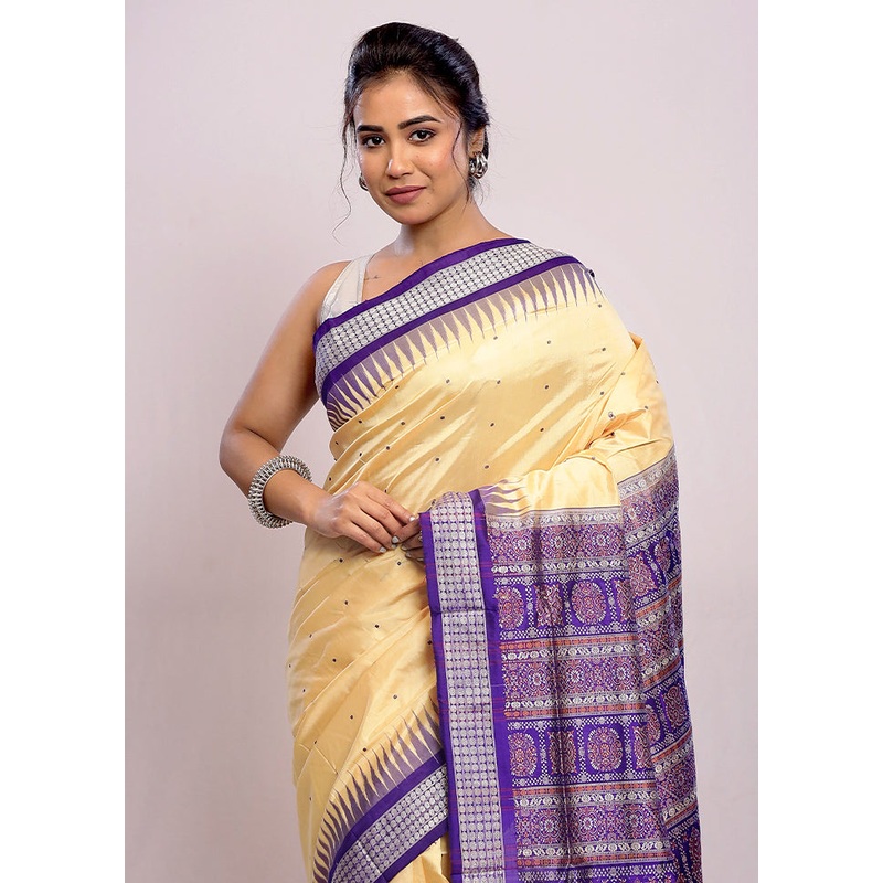 Cream Bomkai Pure Silk Saree With Blouse Piece - JD986589759