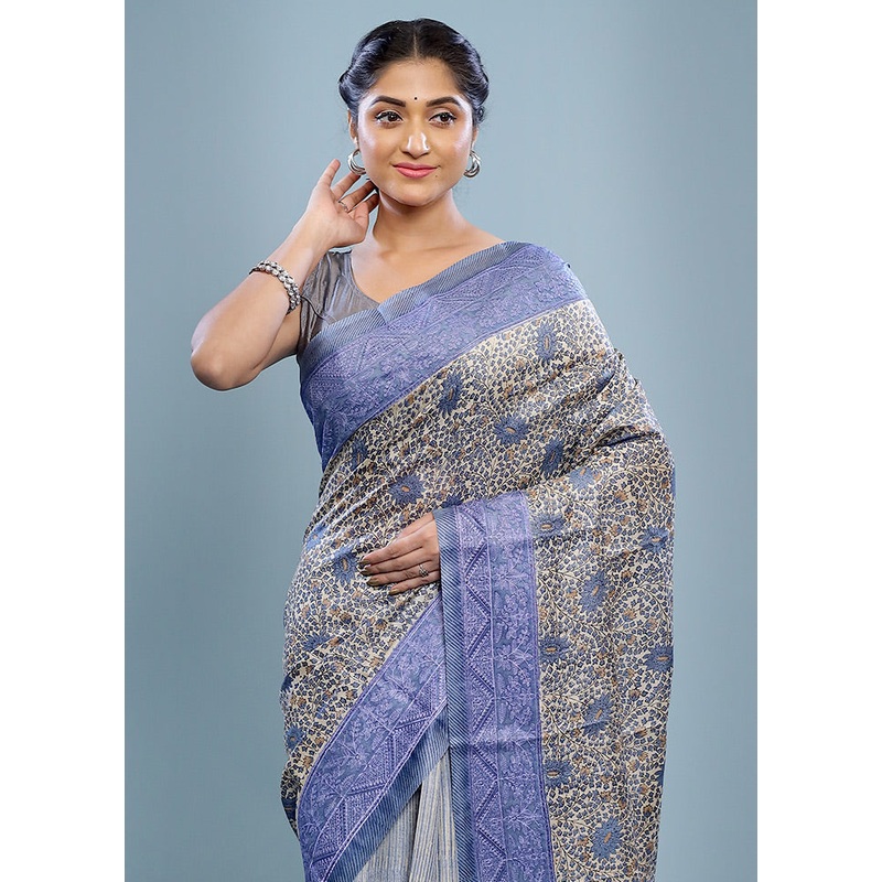 Cream Embroidered Tussar Silk Saree With Blouse Piece - JD986589756
