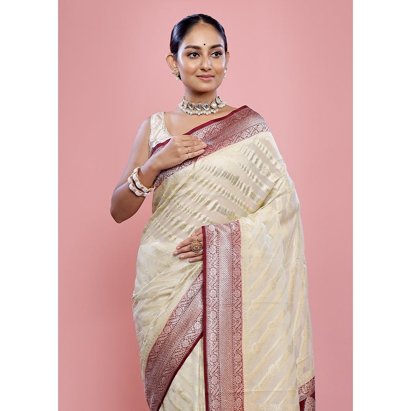 Cream Georgette Saree With Blouse Piece - JD986589755