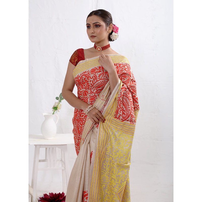 Cream Kantha Stitch Pure Silk Saree With Blouse Piece - JD986589751