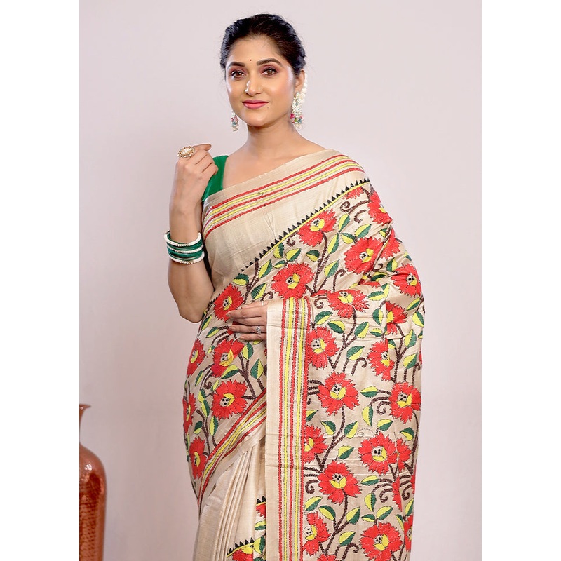 Cream Kantha Stitch Pure Silk Saree With Blouse Piece - JD986589752