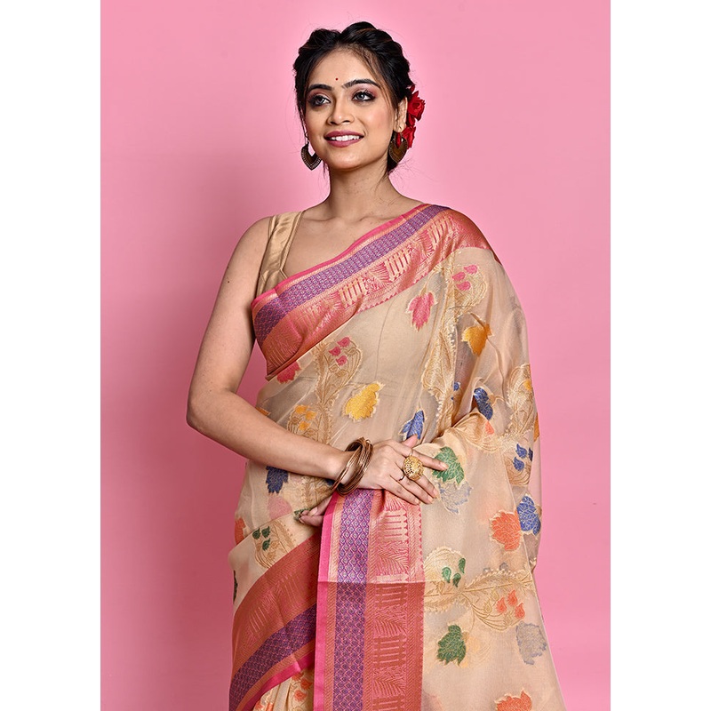 Cream Organza Saree With Blouse Piece - JD986589750
