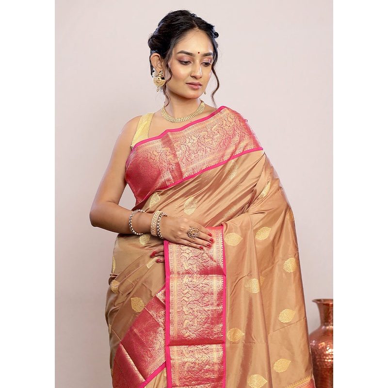 Cream Pure Dharmavaram Kanjivaram Silk Saree With Blouse Piece - JD986589753