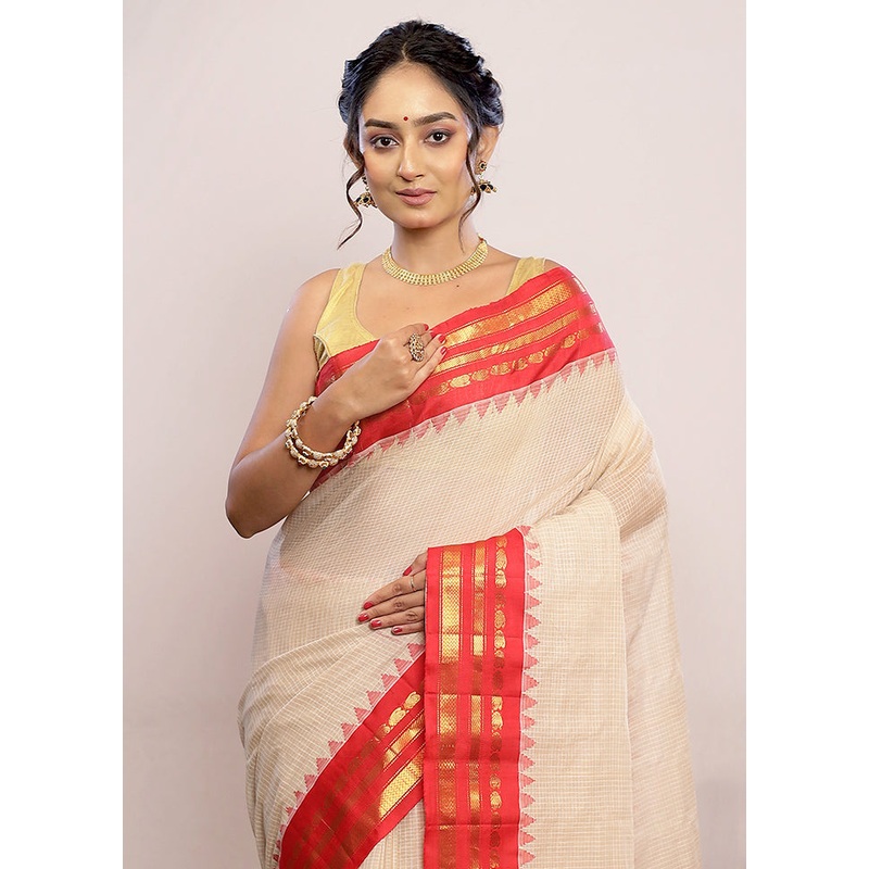 Cream Silk Cotton Gadwal Saree Without Blouse Piece - JD986589749