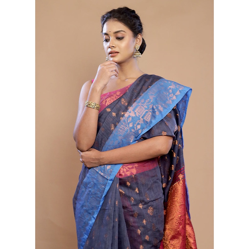 Grey Matka Silk Saree With Blouse Piece - JD986589745