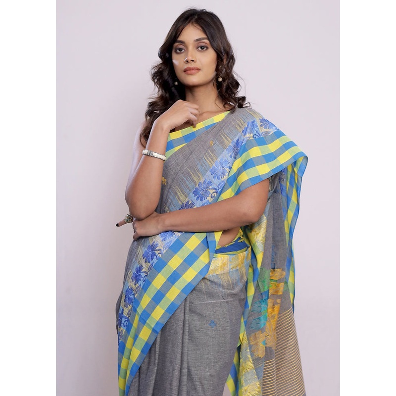 Grey Matka Silk Saree With Blouse Piece - JD986589746