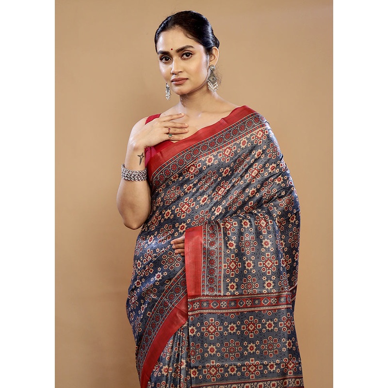 Grey Printed Pure Silk Saree Without Blouse Piece - JD986589744