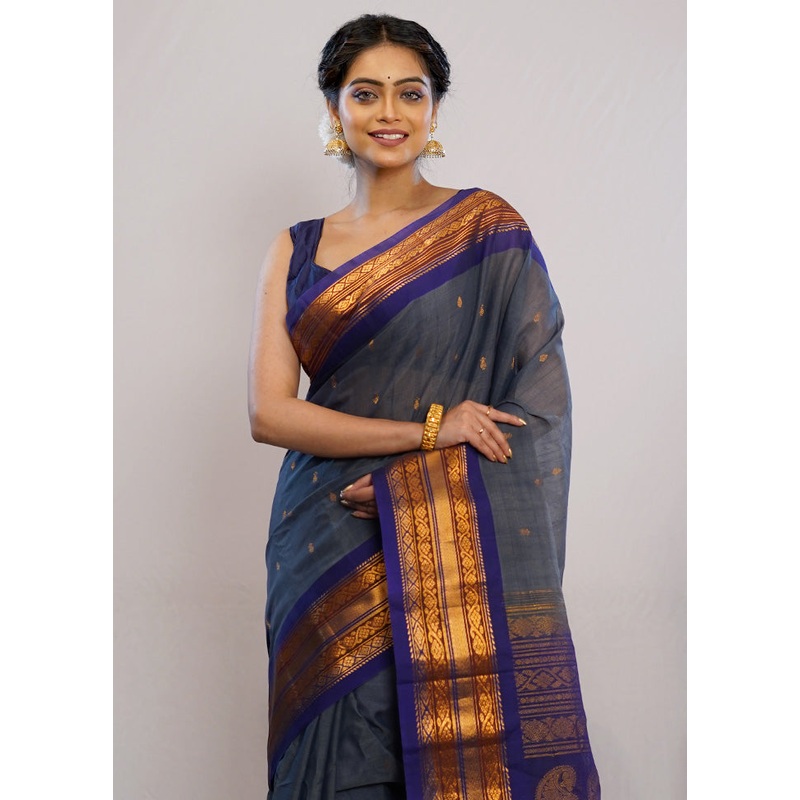 Grey Silk Cotton Gadwal Saree Without Blouse Piece - JD986589743