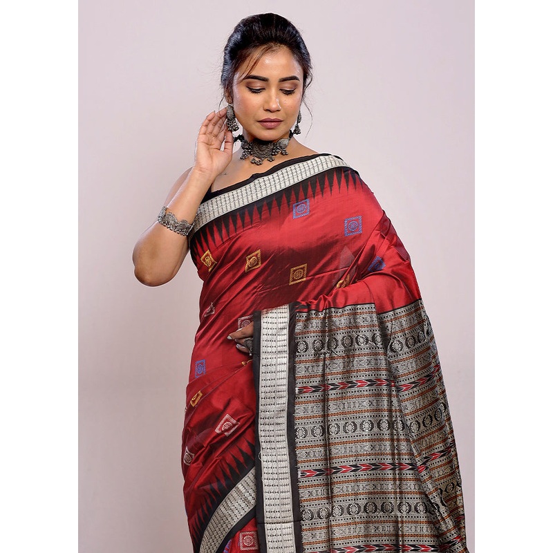 Maroon Bomkai Pure Silk Saree With Blouse Piece - JD986589740