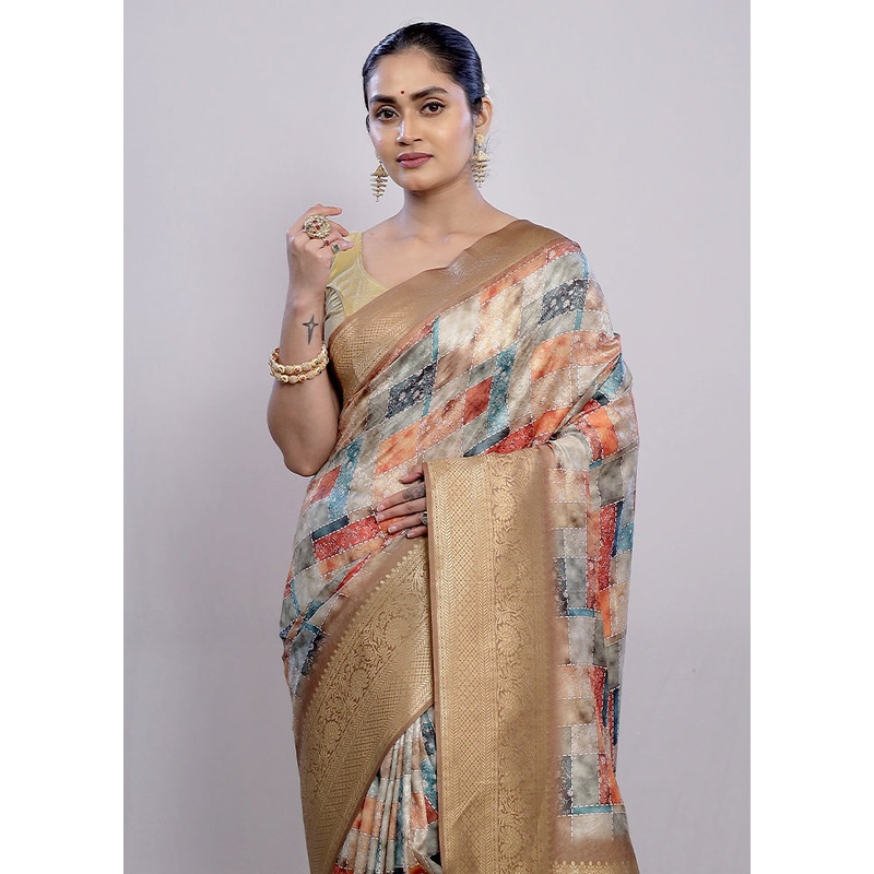 Multicolor Dupion Silk Saree With Blouse Piece - JD986589735