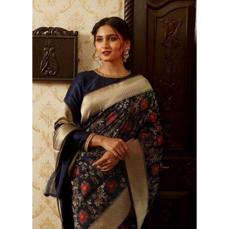 Navy Blue Uppada Pure Silk Saree With Blouse Piece - JD986589733