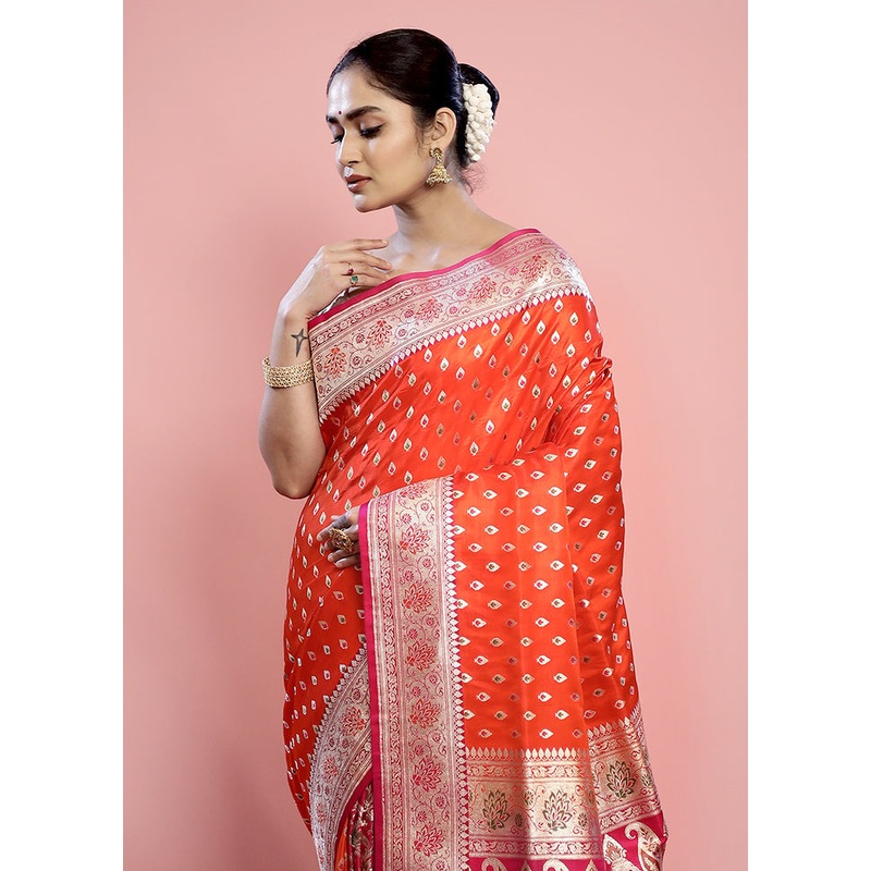 Orange Banarasi Pure Silk Saree With Blouse Piece - JD986589732