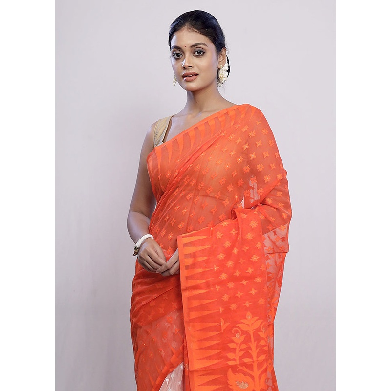 Orange Cotton Jamdani Saree Without Blouse Piece - JD986589726