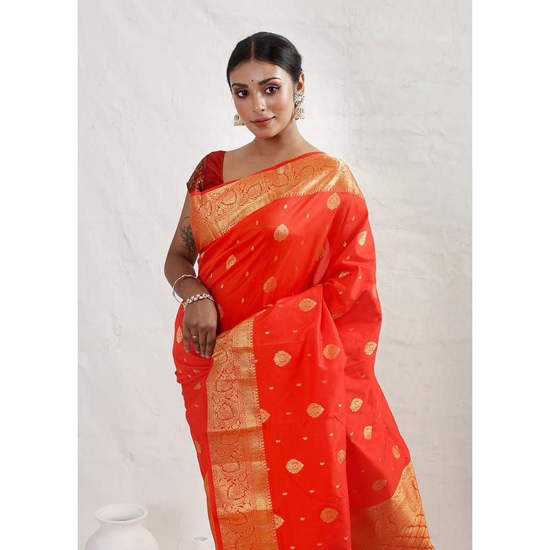 Orange Kanjivaram Silk Saree With Blouse Piece - JD986589728