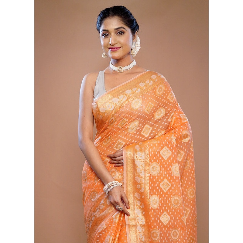 Orange Kora Silk Saree With Blouse Piece - JD986589727