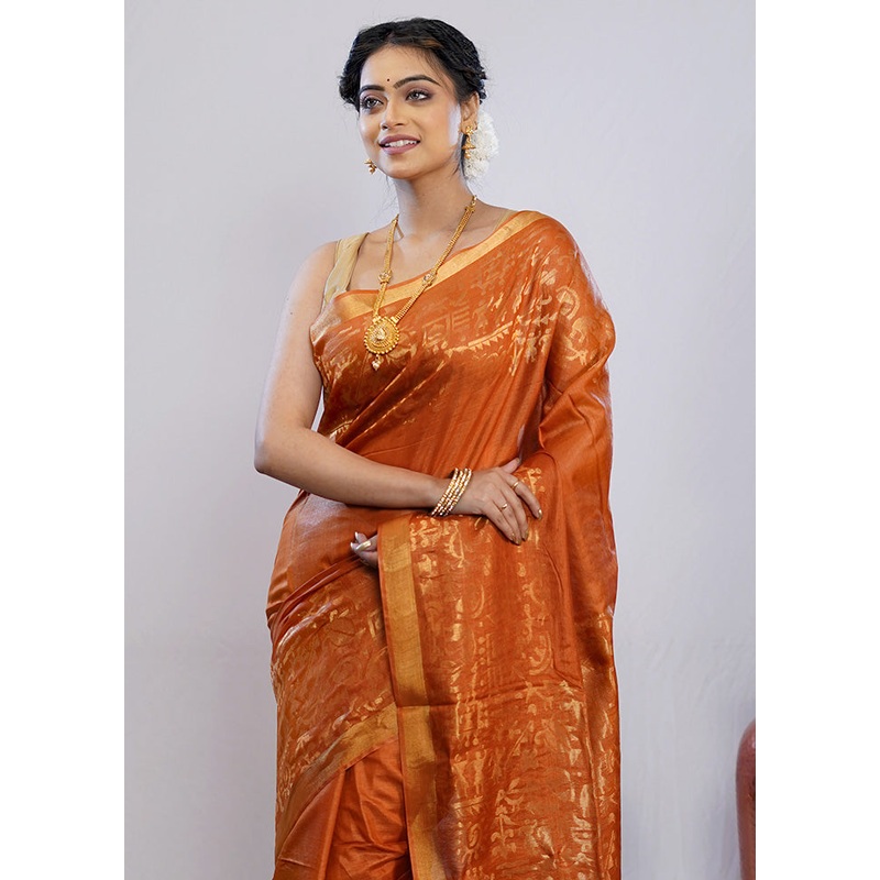 Orange Tussar Pure Silk Saree With Blouse Piece - JD986589725