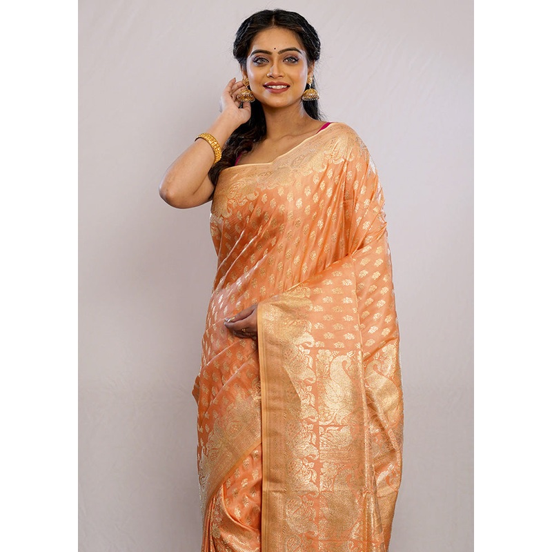 Peach Banarasi Pure Silk Saree With Blouse Piece - JD986589724