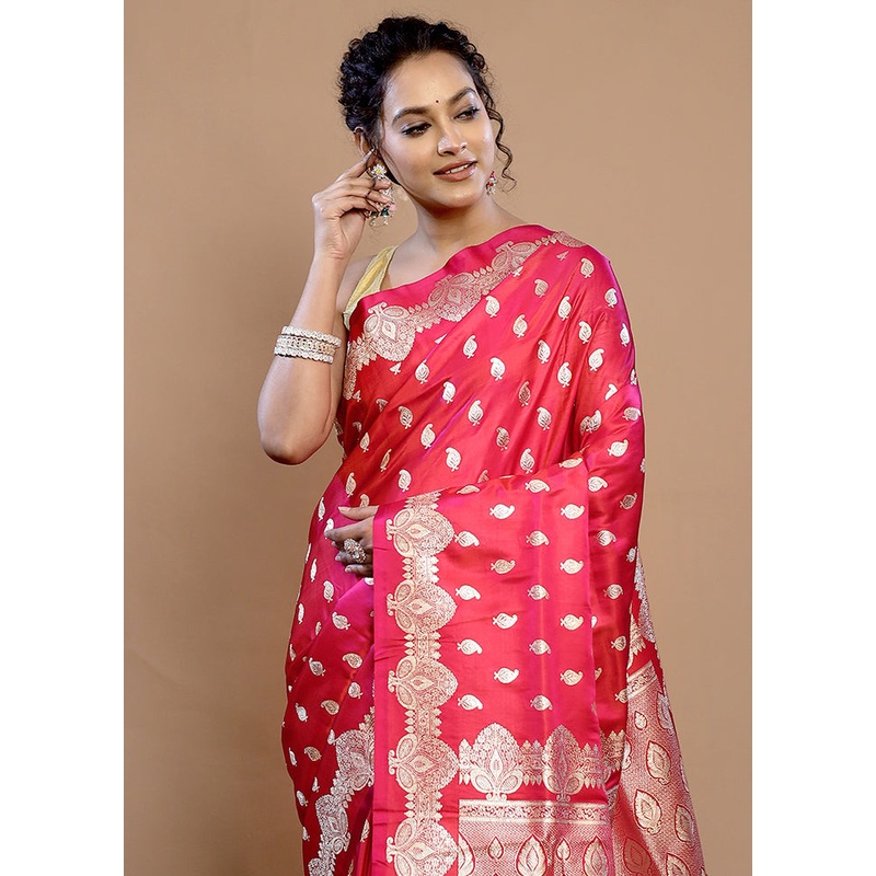 Pink Banarasi Pure Silk Saree With Blouse Piece - JD986589722