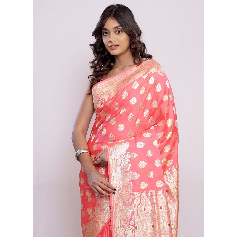 Pink Banarasi Pure Silk Saree With Blouse Piece - JD986589723