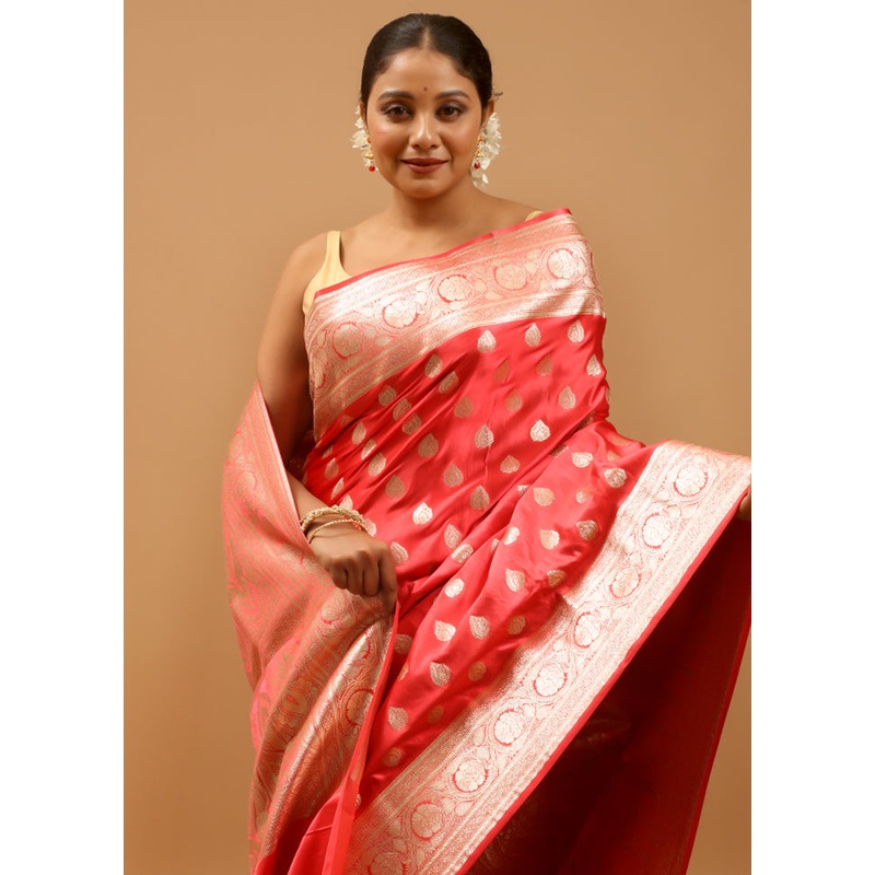 Pink Banarasi Silk Saree With Blouse Piece - JD986589721