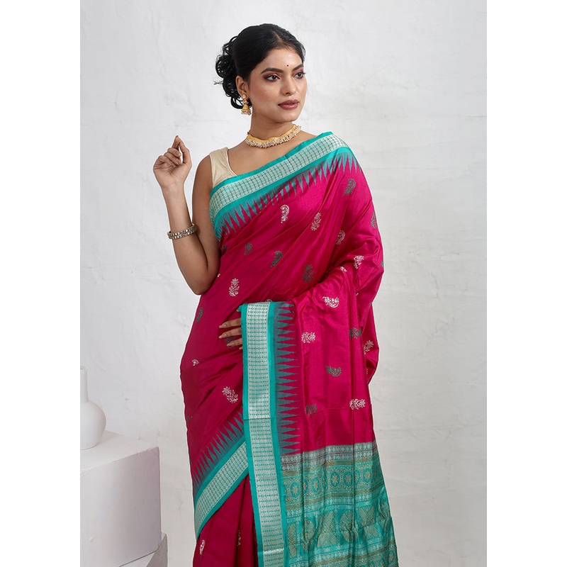 Pink Bomkai Pure Silk Saree With Blouse Piece - JD986589720