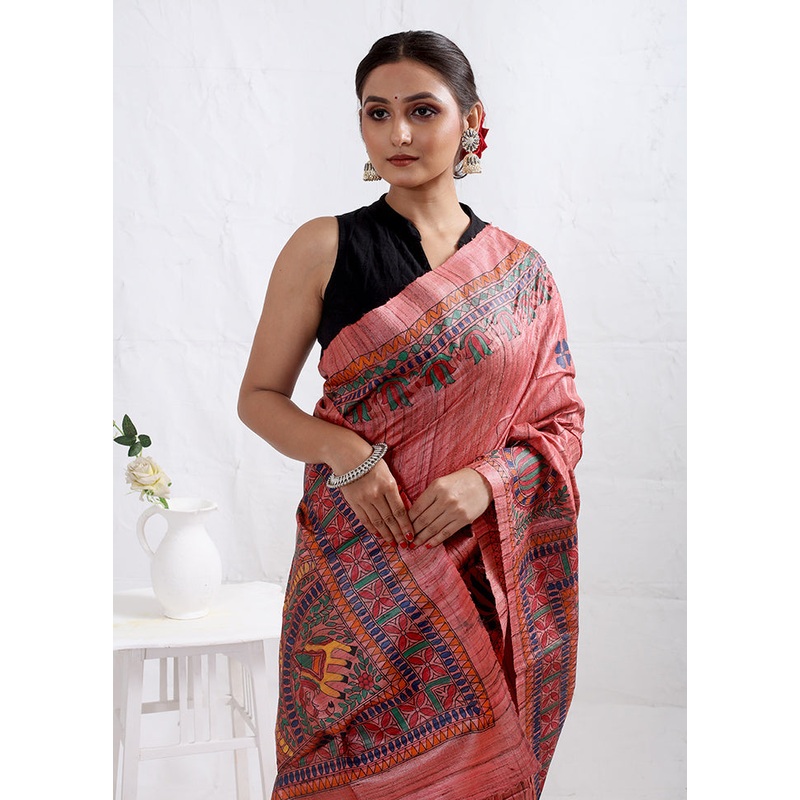 Pink Madhubani Printed Pure Tussar Silk Saree With Blouse Piece - JD986589704