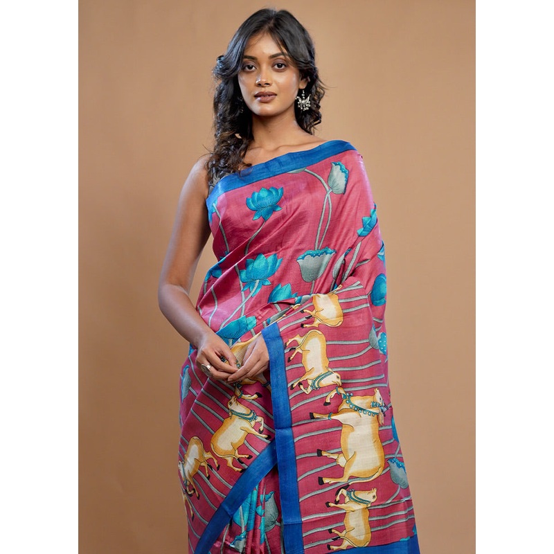 Pink Printed Pure Silk Saree Without Blouse Piece - JD986589698