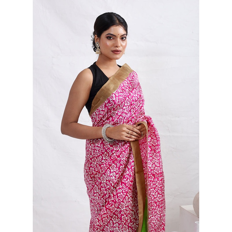 Pink Printed Pure Silk Saree Without Blouse Piece - JD986589700