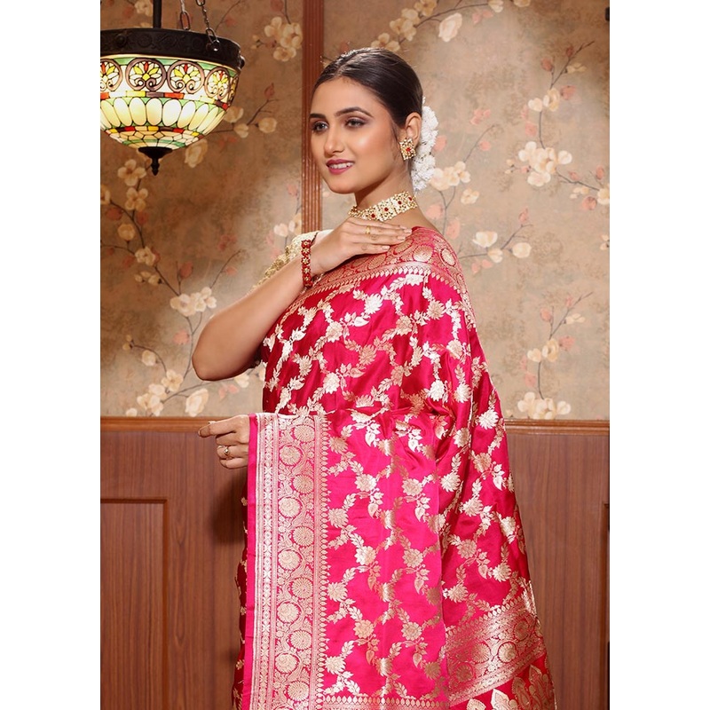 Pink Pure Banarasi Silk Saree With Blouse Piece - JD986589697