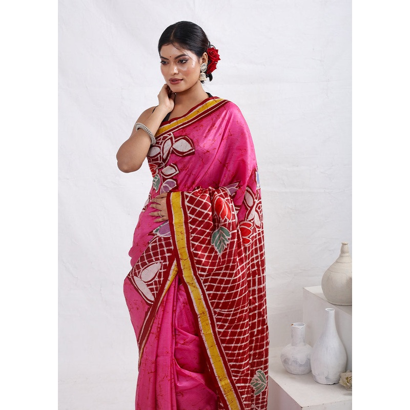 Pink Pure Batik Printed Silk Saree Without Blouse Piece - JD986589701