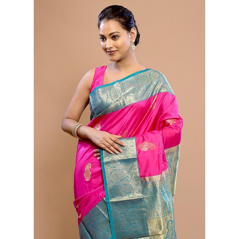 Pink Pure Dharmavaram Kanjivaram Silk Saree With Blouse Piece - JD986589708