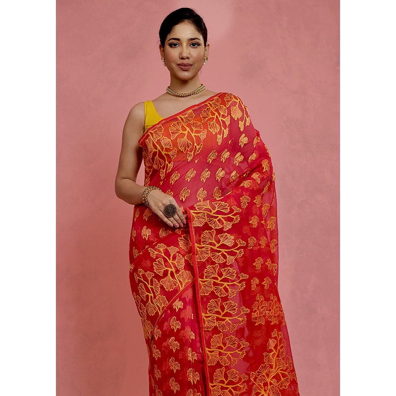 Pink Tant Jamdani Saree Without Blouse Piece - JD986589694