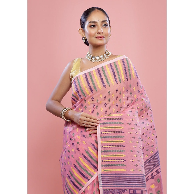Pink Tant Jamdani  Saree Without Blouse Piece - JD986589695