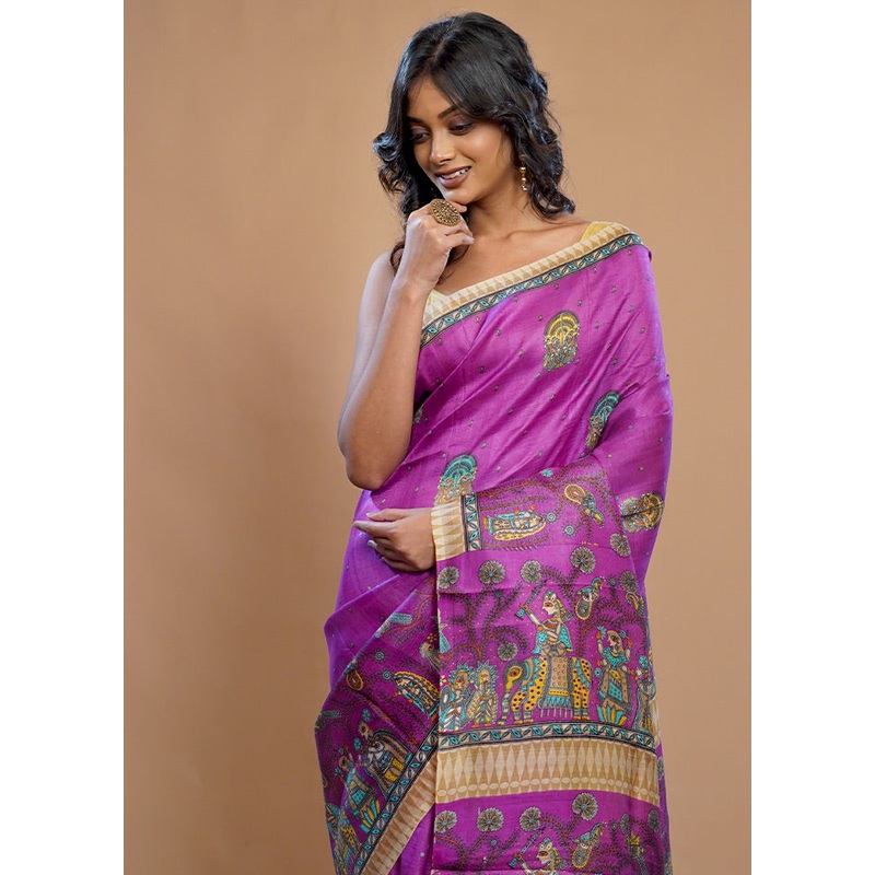 Purple Printed Pure Silk Saree Without Blouse Piece - JD986589690