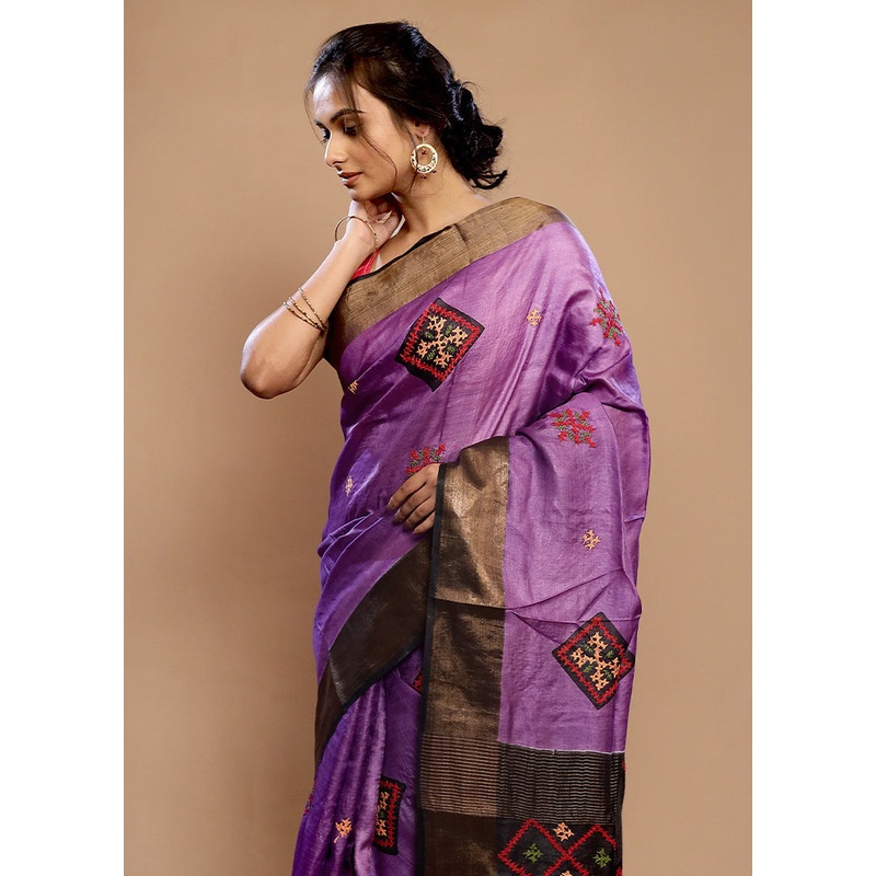 Purple Tussar Pure Silk Saree With Blouse Piece - JD986589688