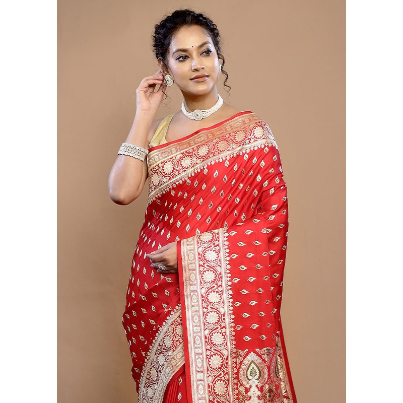 Red Banarasi Pure Silk Saree With Blouse Piece - JD986589685