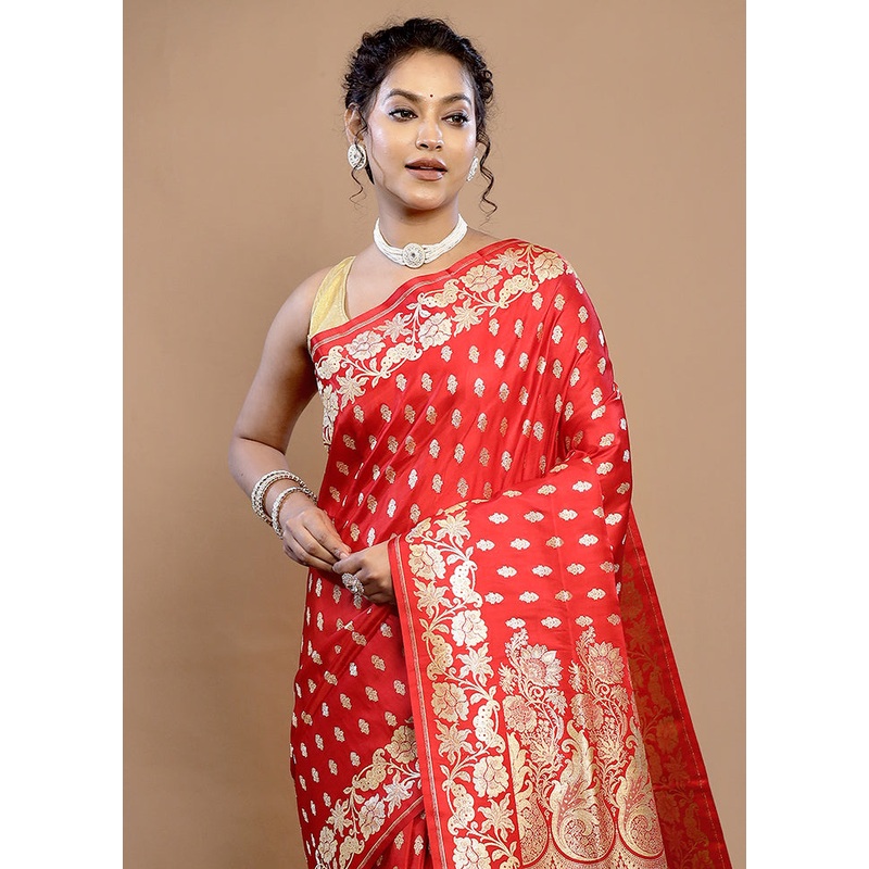 Red Banarasi Pure Silk Saree With Blouse Piece - JD986589686